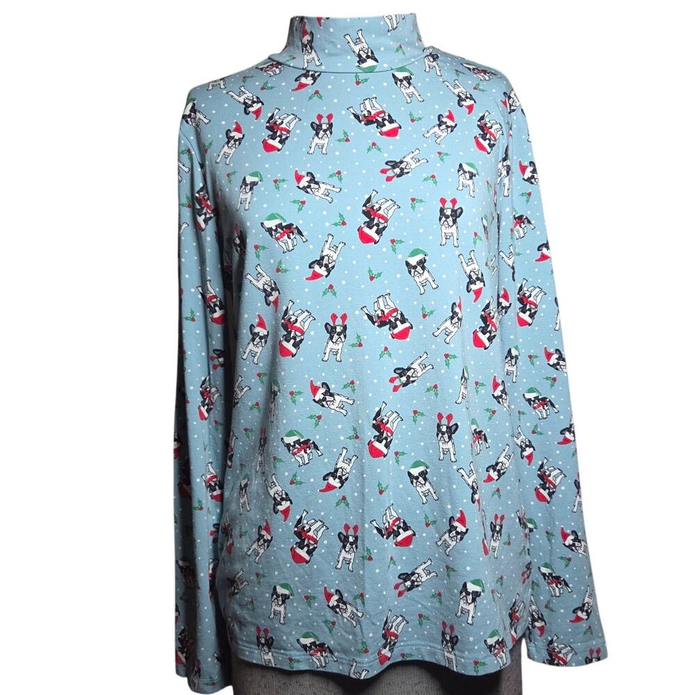 Christmas Holiday French Bulldog Print Mock Neck Top Size Large